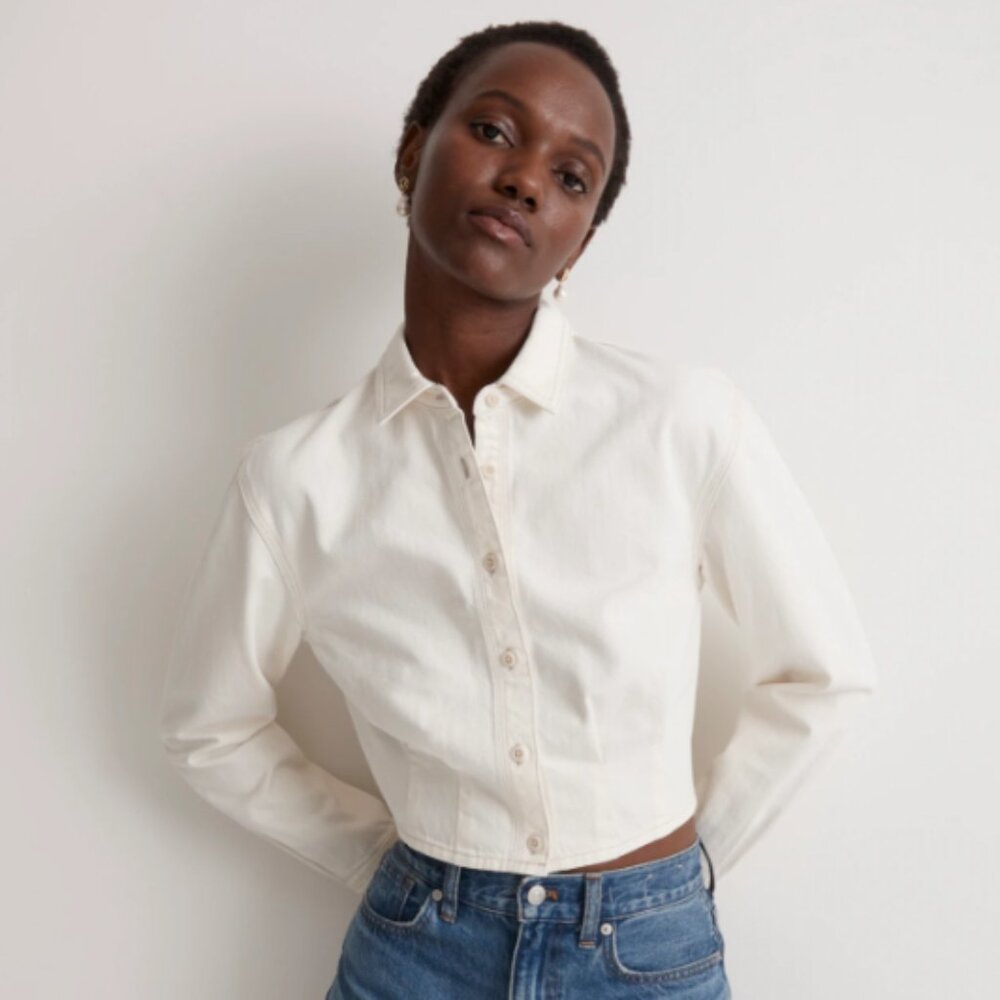 Madewell Off White Denim Pleated Cropped Button-Up Shirt XXS